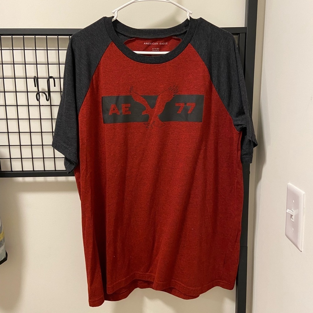 American Eagle Outfitters Men's Red & Black AE 77 Raglan Tee